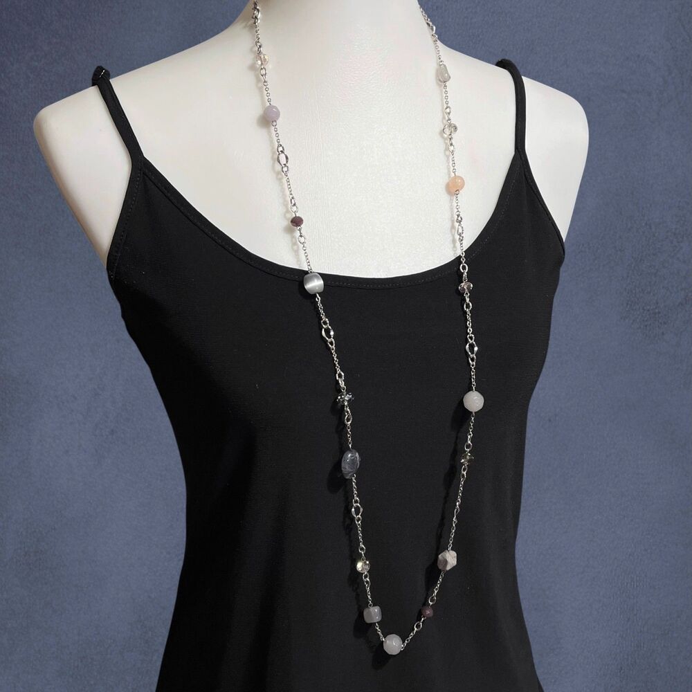Loft Station Necklace Stone Glass Beads Long Silver Tone Chain Bohemian 42"
